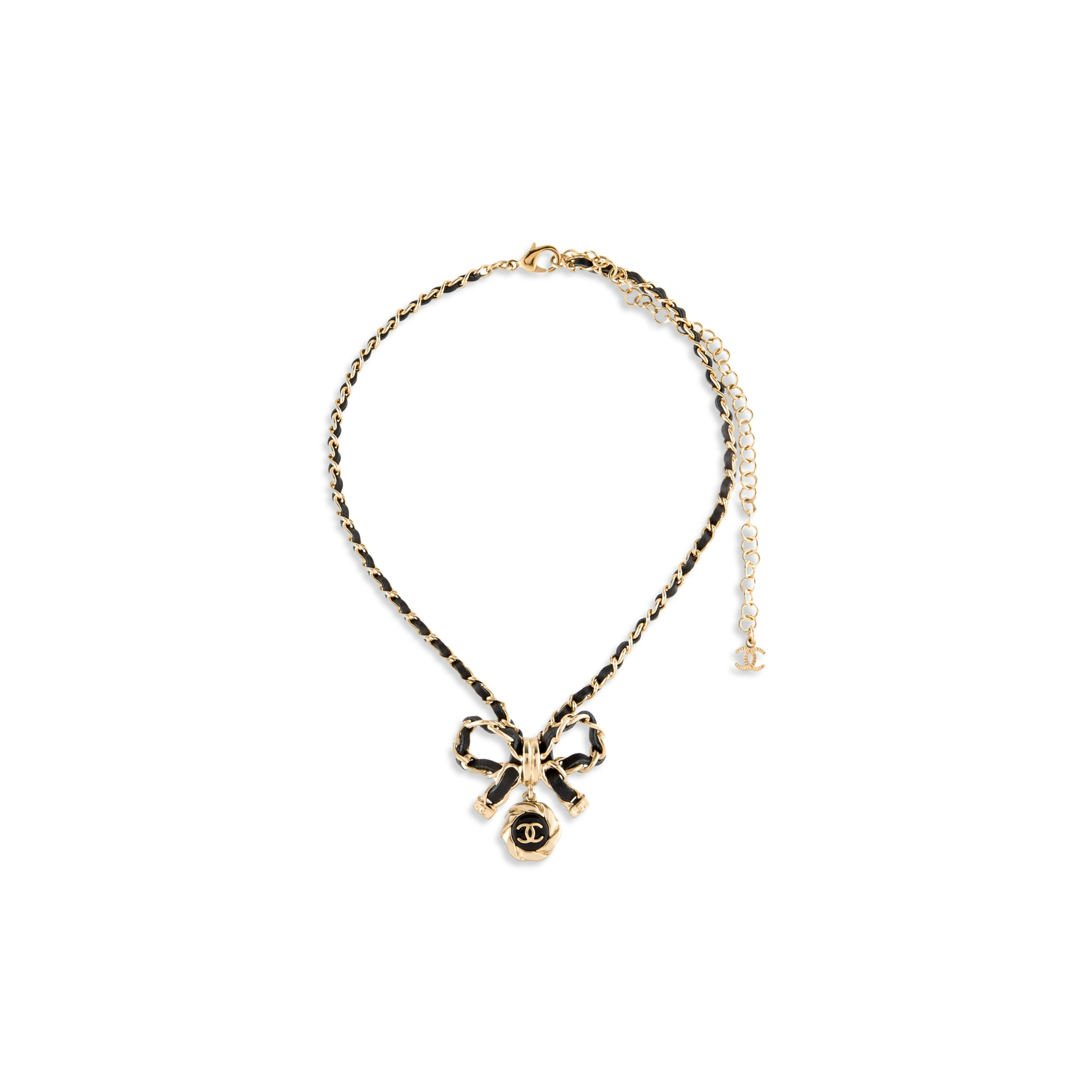 CHANEL LEATHER CHAIN BOW DROP NECKLACE AB8741